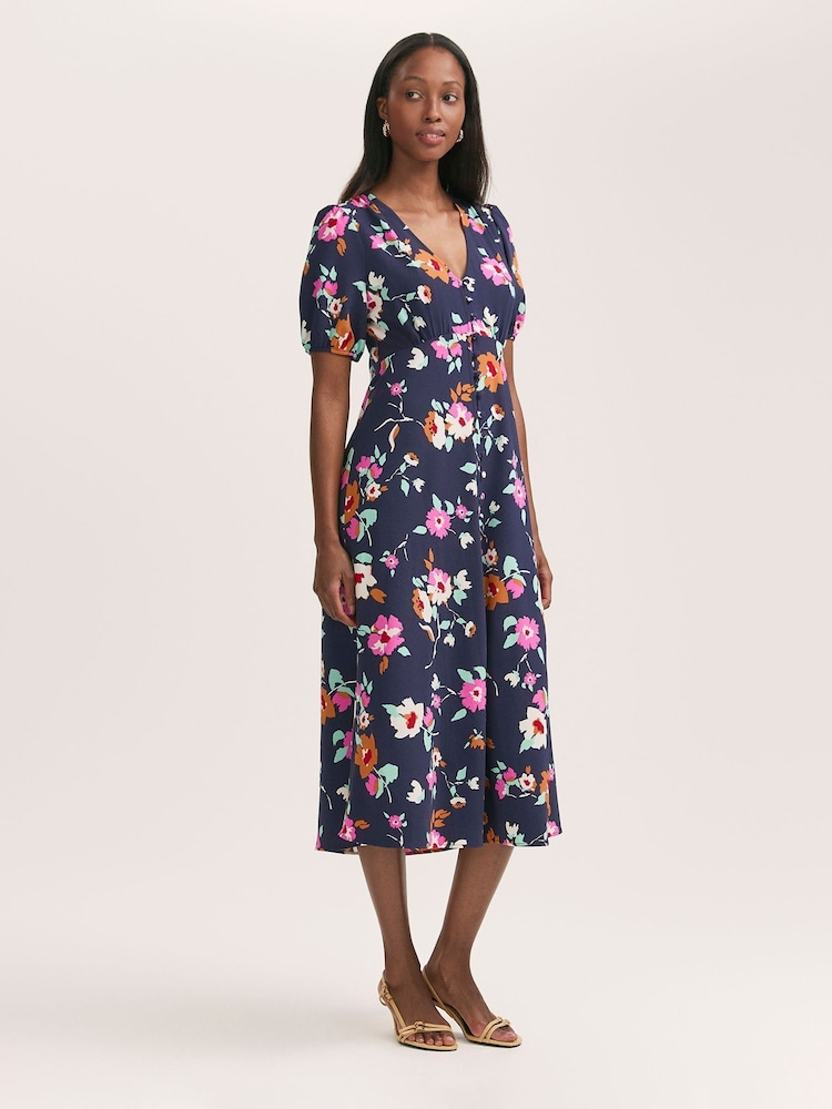 Finery Blue Robyn Floral Print Button Through Midi  Dress - Image 1 of 4