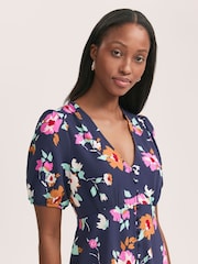 Finery Blue Robyn Floral Print Button Through Midi  Dress - Image 3 of 4