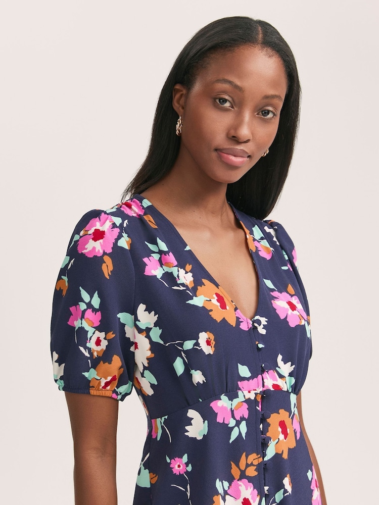 Finery Blue Robyn Floral Print Button Through Midi  Dress - Image 3 of 4