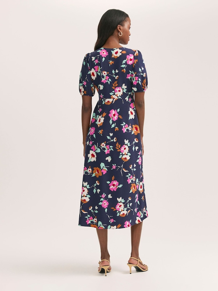Finery Blue Robyn Floral Print Button Through Midi  Dress - Image 4 of 4