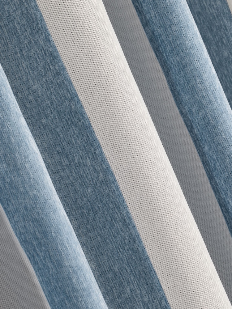 Blue/Natural Chenille Stripe Eyelet Lined Curtains - Image 6 of 6