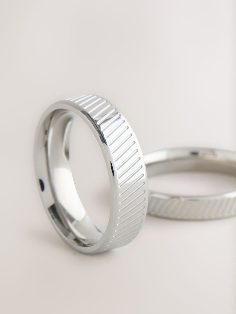 Silver Tone Stainless Steel Etched Band Ring Pack - Image 2 of 3