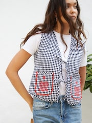 Another Sunday Navy Gingham Quilted V-Neck Tie Front 100% Cotton Waistcoat - Image 1 of 4