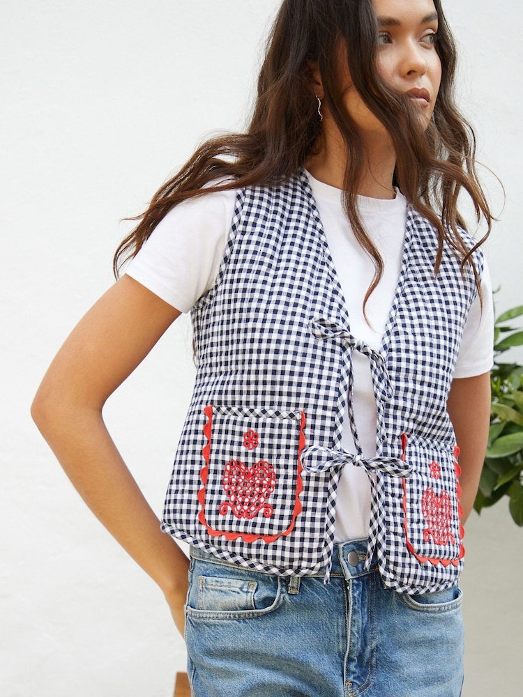 Another Sunday Navy Gingham Quilted V-Neck Tie Front 100% Cotton Waistcoat - Image 1 of 4