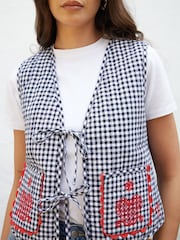 Another Sunday Navy Gingham Quilted V-Neck Tie Front 100% Cotton Waistcoat - Image 4 of 4