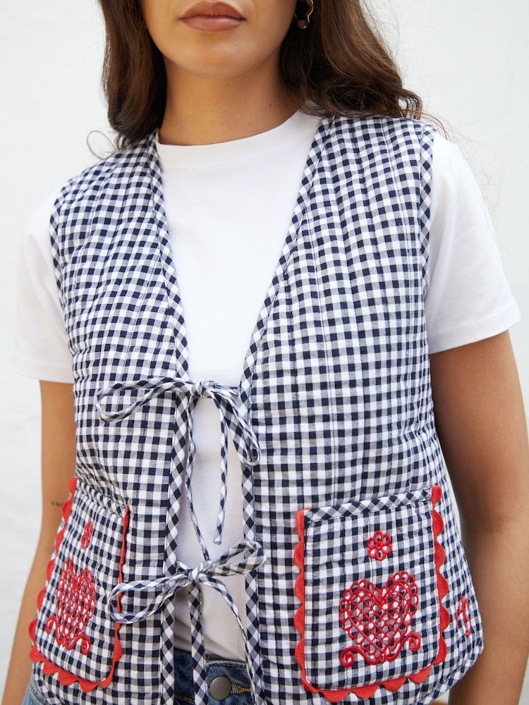 Another Sunday Navy Gingham Quilted V-Neck Tie Front 100% Cotton Waistcoat - Image 4 of 4