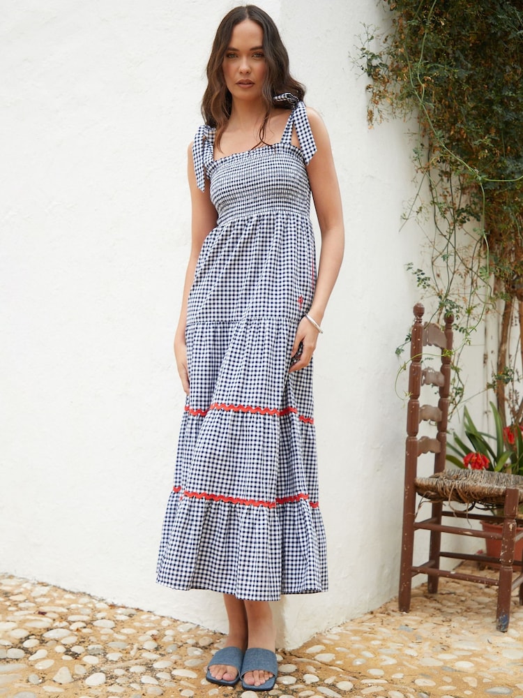 Another Sunday Navy Gingham Shirred Tie Strap Tiered 100% Cotton Midi Dress - Image 1 of 5