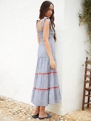 Another Sunday Navy Gingham Shirred Tie Strap Tiered 100% Cotton Midi Dress - Image 2 of 5
