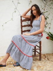 Another Sunday Navy Gingham Shirred Tie Strap Tiered 100% Cotton Midi Dress - Image 4 of 5