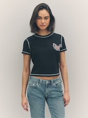 True Religion Jet Black Baby Contrast Stitch Wing Short Sleeve T-Shirt - Image 1 of 5