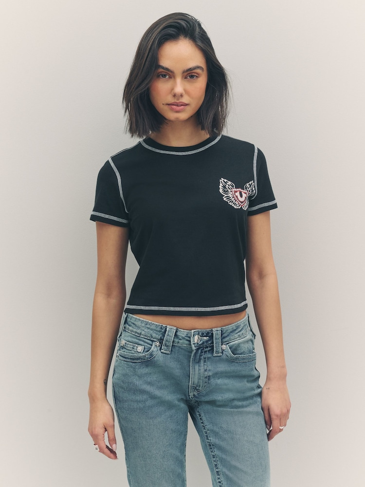 True Religion Jet Black Baby Contrast Stitch Wing Short Sleeve T-Shirt - Image 1 of 5