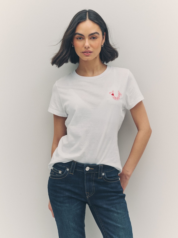 True Religion Optic White 100% Cotton Embroidered Horseshoe Short Sleeve Crew T-Shirt - Image 1 of 6
