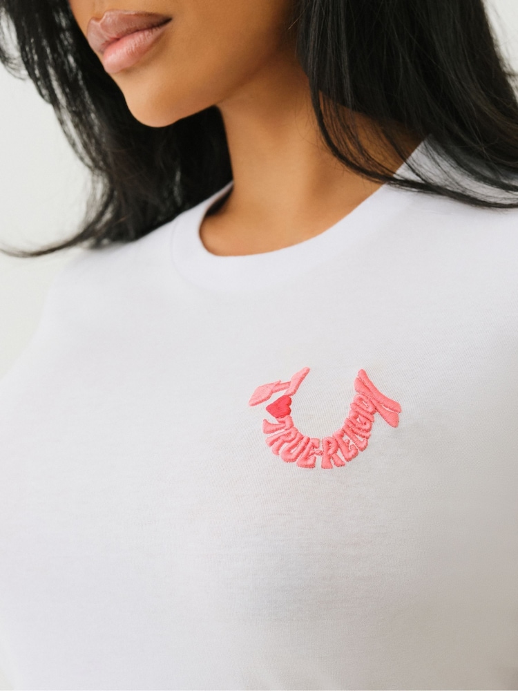 True Religion Optic White 100% Cotton Embroidered Horseshoe Short Sleeve Crew T-Shirt - Image 5 of 5 True Religion Optic White 100% Cotton Embroidered Horseshoe Short Sleeve Crew T-Shirt - Image 5 of 5