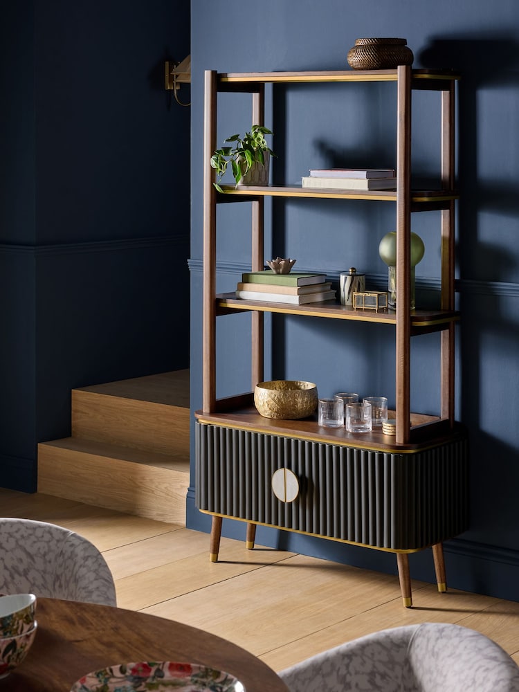 Clarke and Clarke Ribbed Black Mango Wood Calisto Shelving Unit - Image 1 of 4