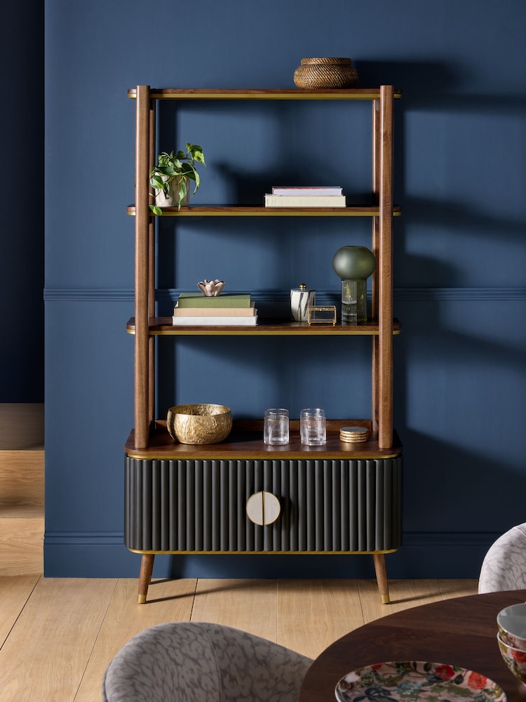 Clarke and Clarke Ribbed Black Mango Wood Calisto Shelving Unit - Image 2 of 4