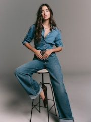 Mid Blue Cinch Waist Fitted Long Sleeve Denim Shirt - Image 1 of 6