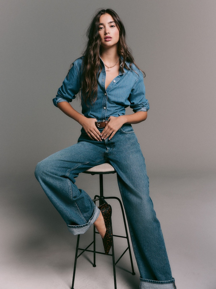 Mid Blue Cinch Waist Fitted Long Sleeve Denim Shirt - Image 1 of 6