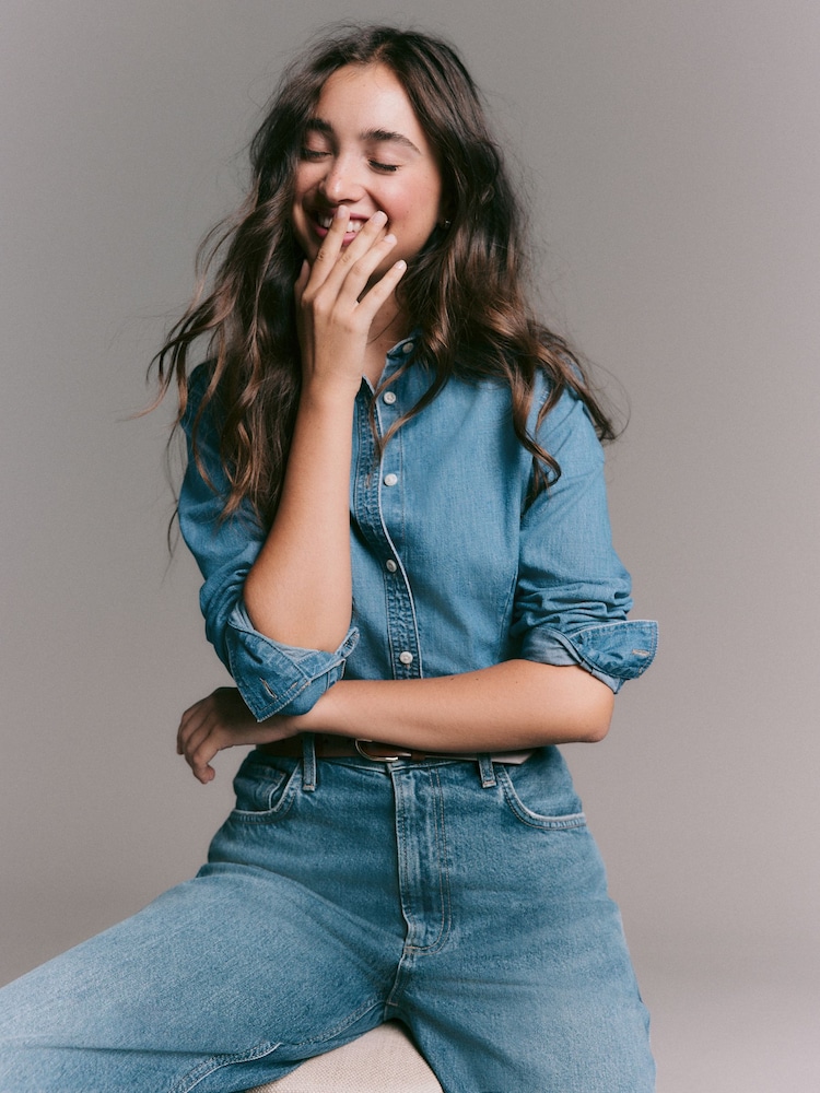 Mid Blue Cinch Waist Fitted Long Sleeve Denim Shirt - Image 2 of 6 Mid Blue Cinch Waist Fitted Long Sleeve Denim Shirt - Image 2 of 6