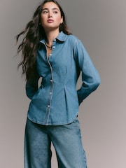 Mid Blue Cinch Waist Fitted Long Sleeve Denim Shirt - Image 3 of 6