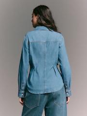 Mid Blue Cinch Waist Fitted Long Sleeve Denim Shirt - Image 5 of 6