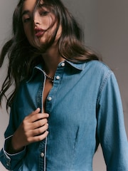 Mid Blue Cinch Waist Fitted Long Sleeve Denim Shirt - Image 6 of 6