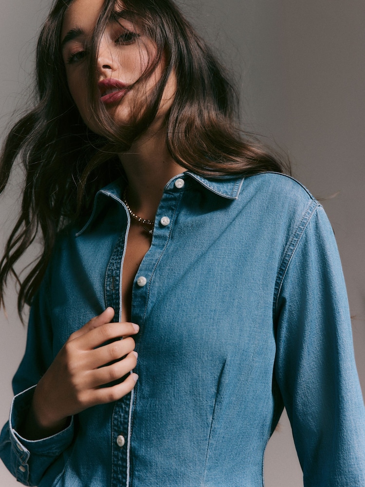 Mid Blue Cinch Waist Fitted Long Sleeve Denim Shirt - Image 6 of 6 Mid Blue Cinch Waist Fitted Long Sleeve Denim Shirt - Image 6 of 6