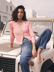 Mint Velvet Pink Scallop Trim Ribbed Cardigan - Image 1 of 7