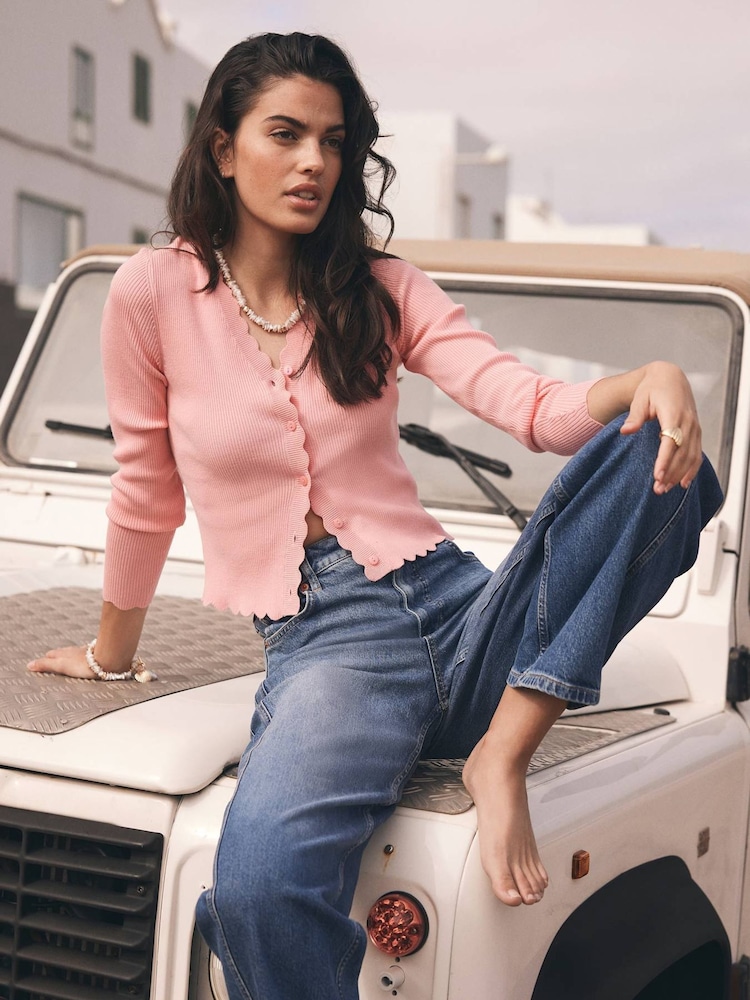 Mint Velvet Pink Scallop Trim Ribbed Cardigan - Image 3 of 7