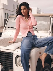 Mint Velvet Pink Scallop Trim Ribbed Cardigan - Image 4 of 7