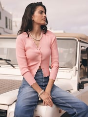 Mint Velvet Pink Scallop Trim Ribbed Cardigan - Image 5 of 7