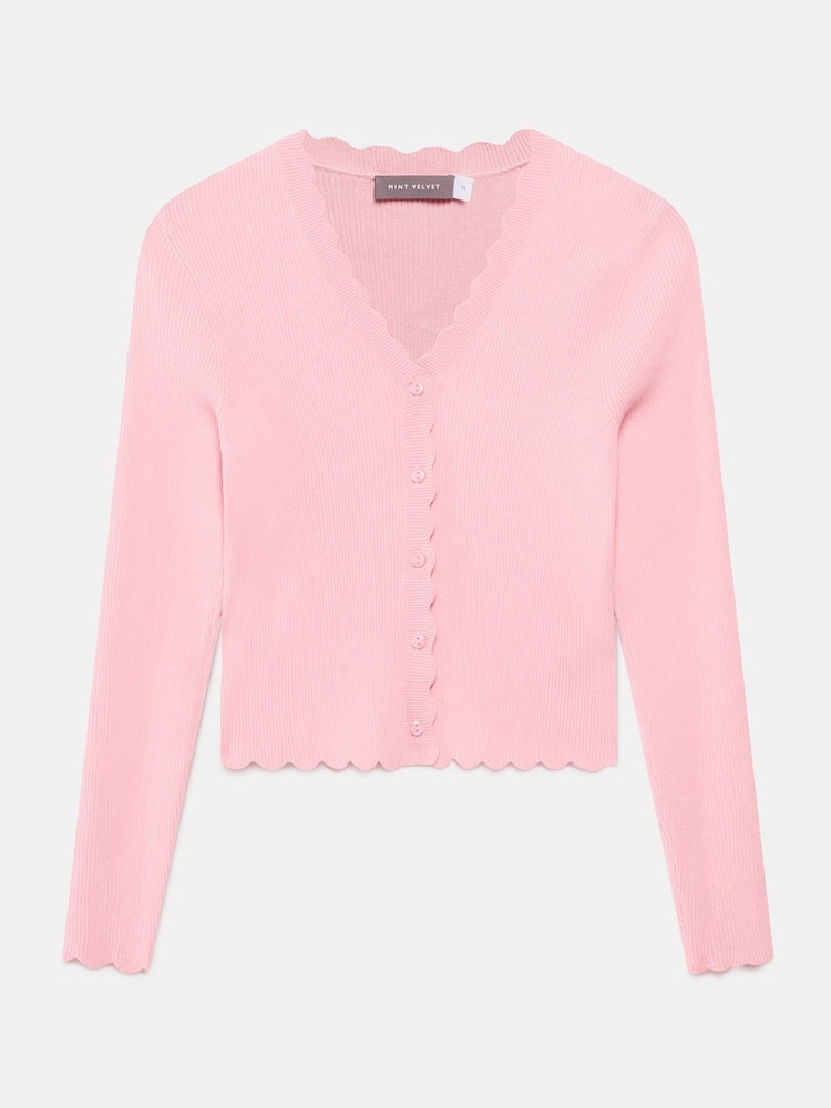 Mint Velvet Pink Scallop Trim Ribbed Cardigan - Image 6 of 7