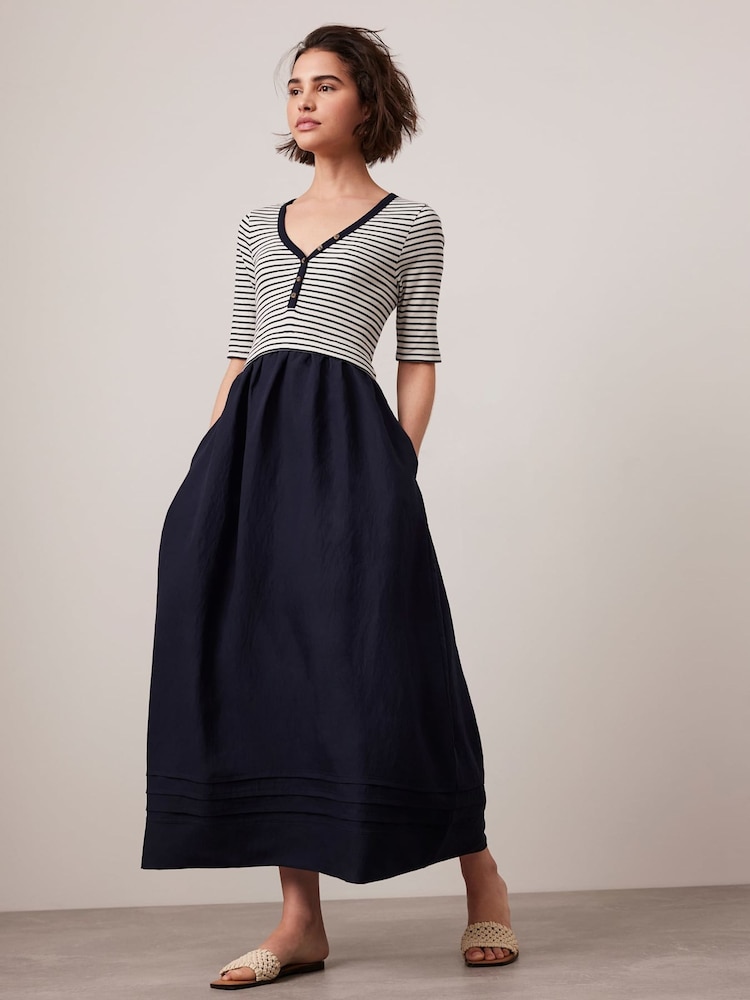 Mint Velvet Navy Striped Woven Mix Midi Dress - Image 2 of 8
