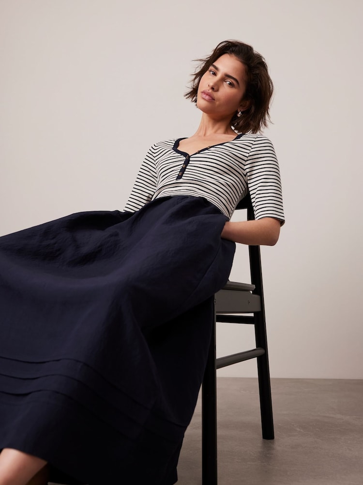 Mint Velvet Navy Striped Woven Mix Midi Dress - Image 2 of 8 Mint Velvet Navy Striped Woven Mix Midi Dress - Image 2 of 8