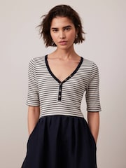 Mint Velvet Navy Striped Woven Mix Midi Dress - Image 4 of 8