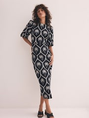 Mint Velvet Black Palm Print 100% Cotton Midi Dress - Image 1 of 8