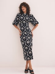 Mint Velvet Black Palm Print 100% Cotton Midi Dress - Image 4 of 8