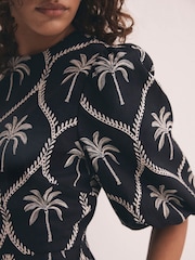Mint Velvet Black Palm Print 100% Cotton Midi Dress - Image 5 of 8