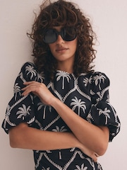 Mint Velvet Black Palm Print 100% Cotton Midi Dress - Image 6 of 8
