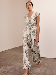 Mint Velvet Green 100% Cotton Wide Palm Print Trousers - Image 1 of 6