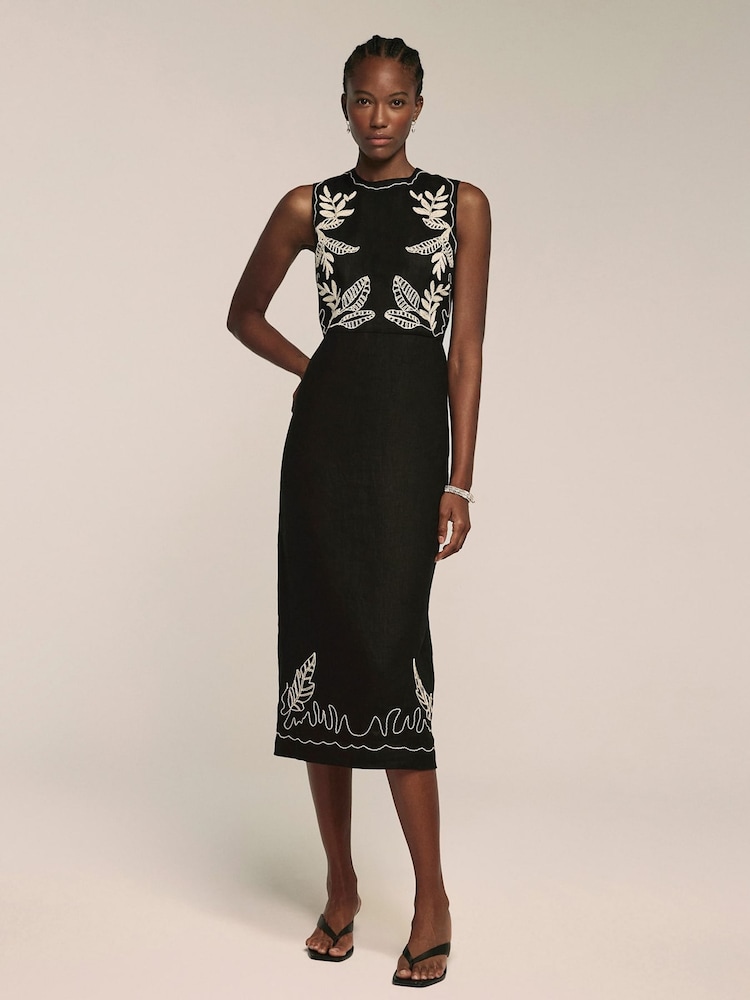 Mint Velvet Black Embroidered 100% Linen Midi Dress - Image 1 of 8