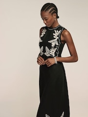 Mint Velvet Black Embroidered 100% Linen Midi Dress - Image 2 of 8