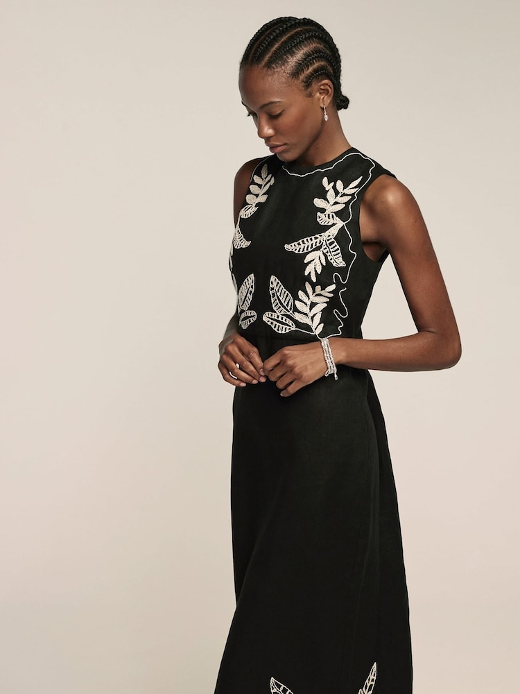 Mint Velvet Black Embroidered 100% Linen Midi Dress - Image 2 of 8