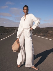 Mint Velvet White 100% Linen Lace Trim Wide Trousers - Image 3 of 7