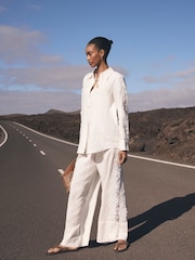Mint Velvet White 100% Linen Lace Trim Wide Trousers - Image 4 of 7
