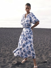 Mint Velvet Blue Floral Print 100% Cotton Midi Skirt - Image 1 of 7
