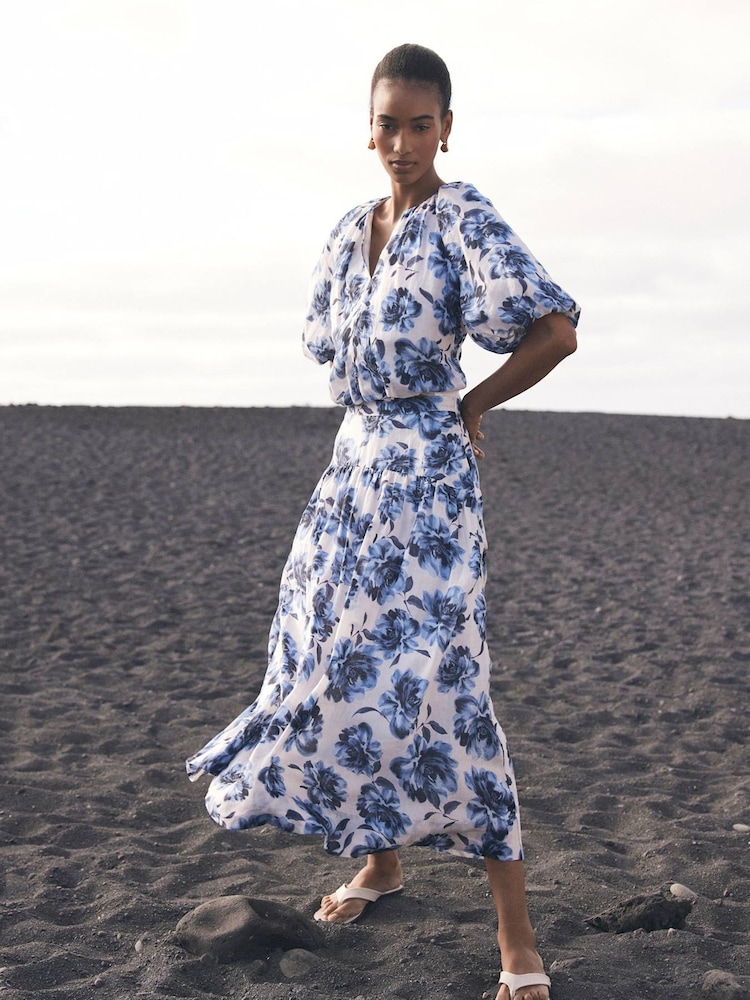 Mint Velvet Blue Floral Print 100% Cotton Midi Skirt - Image 1 of 7