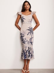 Mint Velvet Blue Palm Print 100% Cotton Midi Dress - Image 1 of 8