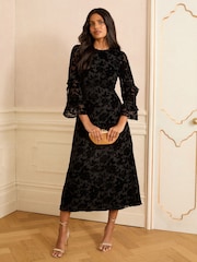 Love & Roses Black Floral Burnout Ruffle Midi Dress - Image 1 of 4