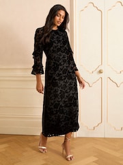 Love & Roses Black Floral Burnout Ruffle Midi Dress - Image 3 of 4