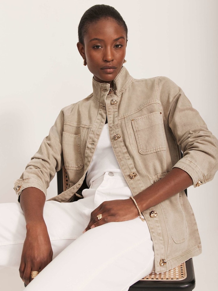 Mint Velvet Cream Washed Utility Denim 100% Cotton Jacket - Image 2 of 8